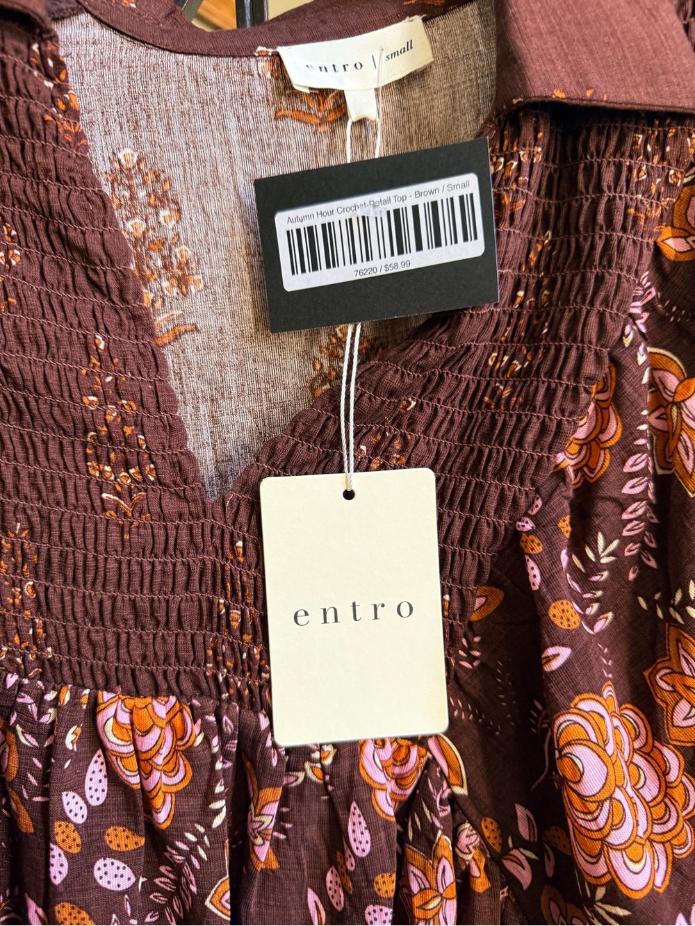 ENTRO NWT Autumn Hour Crochet Detail to. Brown Small. Puff sleeves. Beautiful - Picture 5 of 9